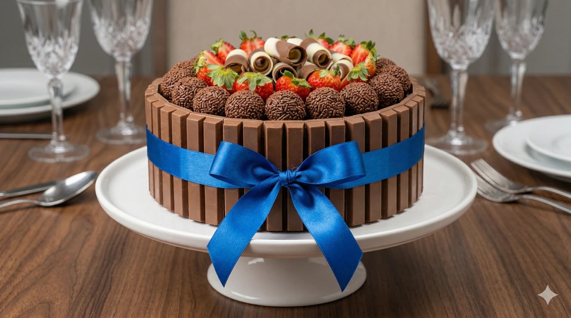 Bolos artesanais decorados com kit-kat e morangos.